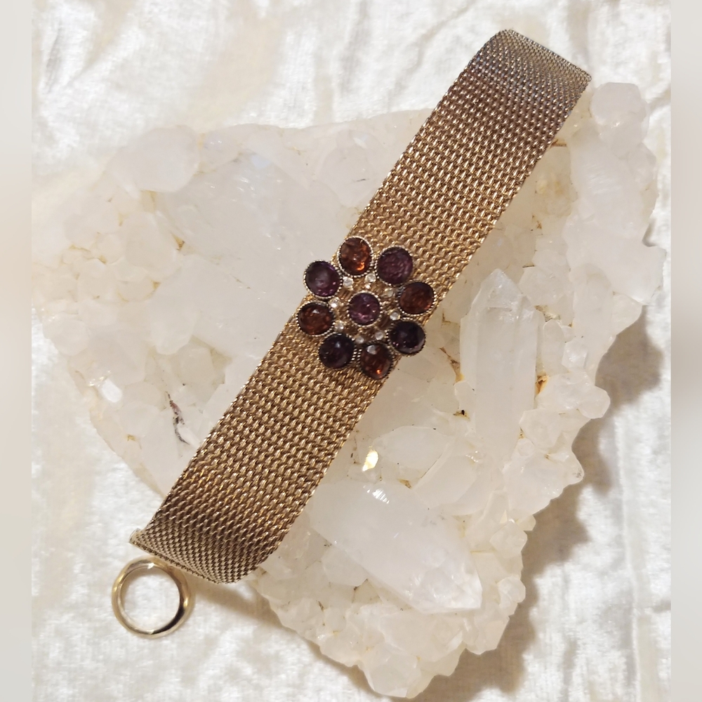 Vintage Monet Goldtone Mesh Purple Rhinestone Floret Bracelet
